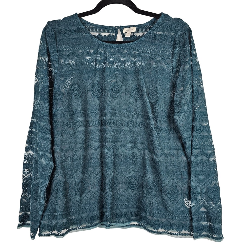 Garnet Hill Women's Teal Green Lace Mesh Long Sleeve Blouse Top‎ Medium
